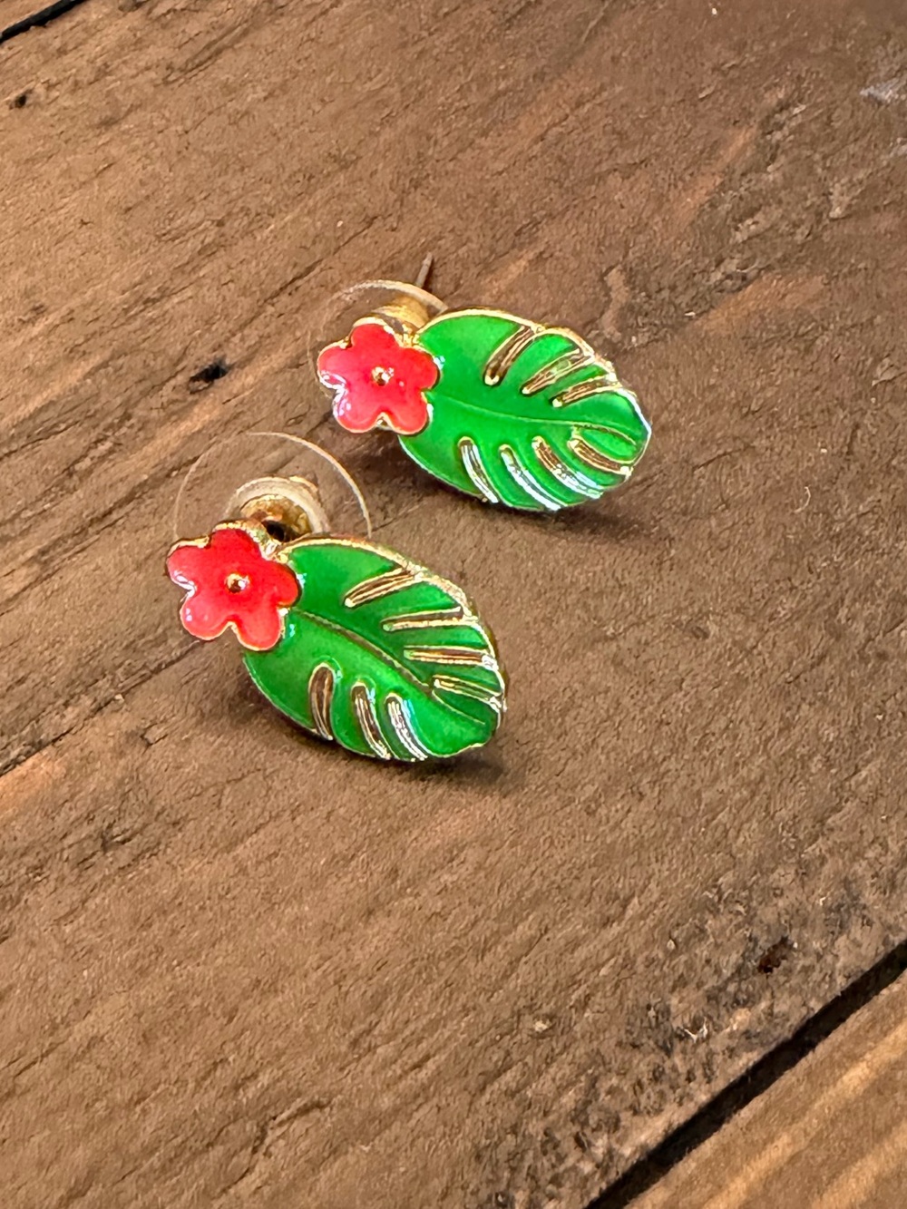 Tropical Leaf & Flower Enamel Stud Earrings - Green & Red
